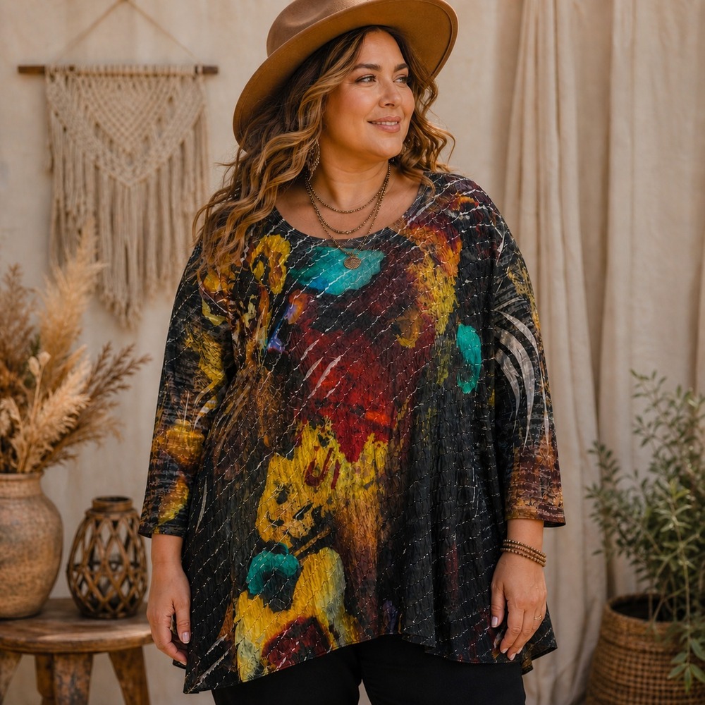 Jess & Jane Abstract Diagonal Crinkle Tunic Top Plus Size 2X Artsy Boho Flowy